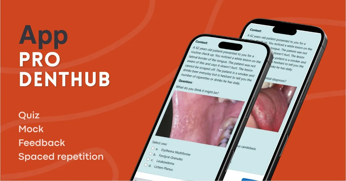 Orange launch banner for the ProDentHub app, with two phones showing clinical quiz questions