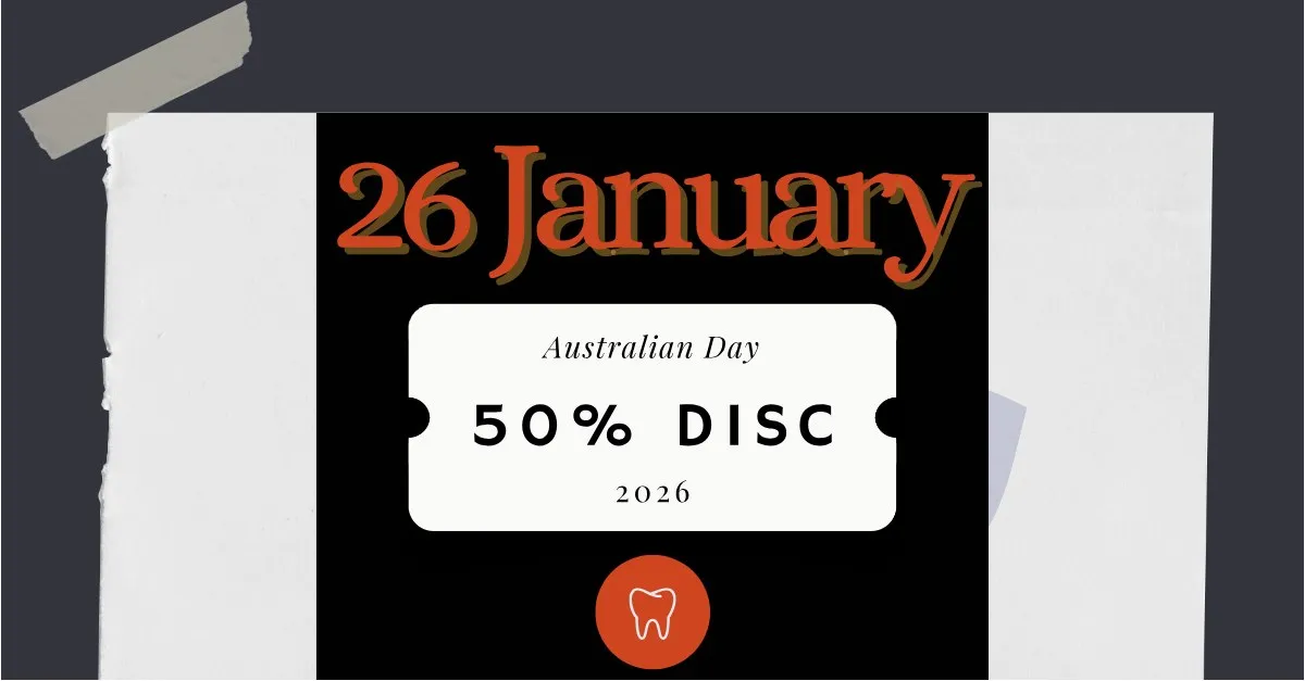 Torn-paper style banner reading “26 January — Australia Day 50% disc 2026”