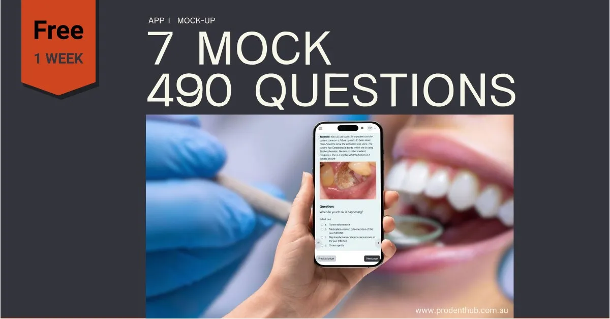 Banner reading “7 mock, 490 questions” with a phone held in front of a dental patient