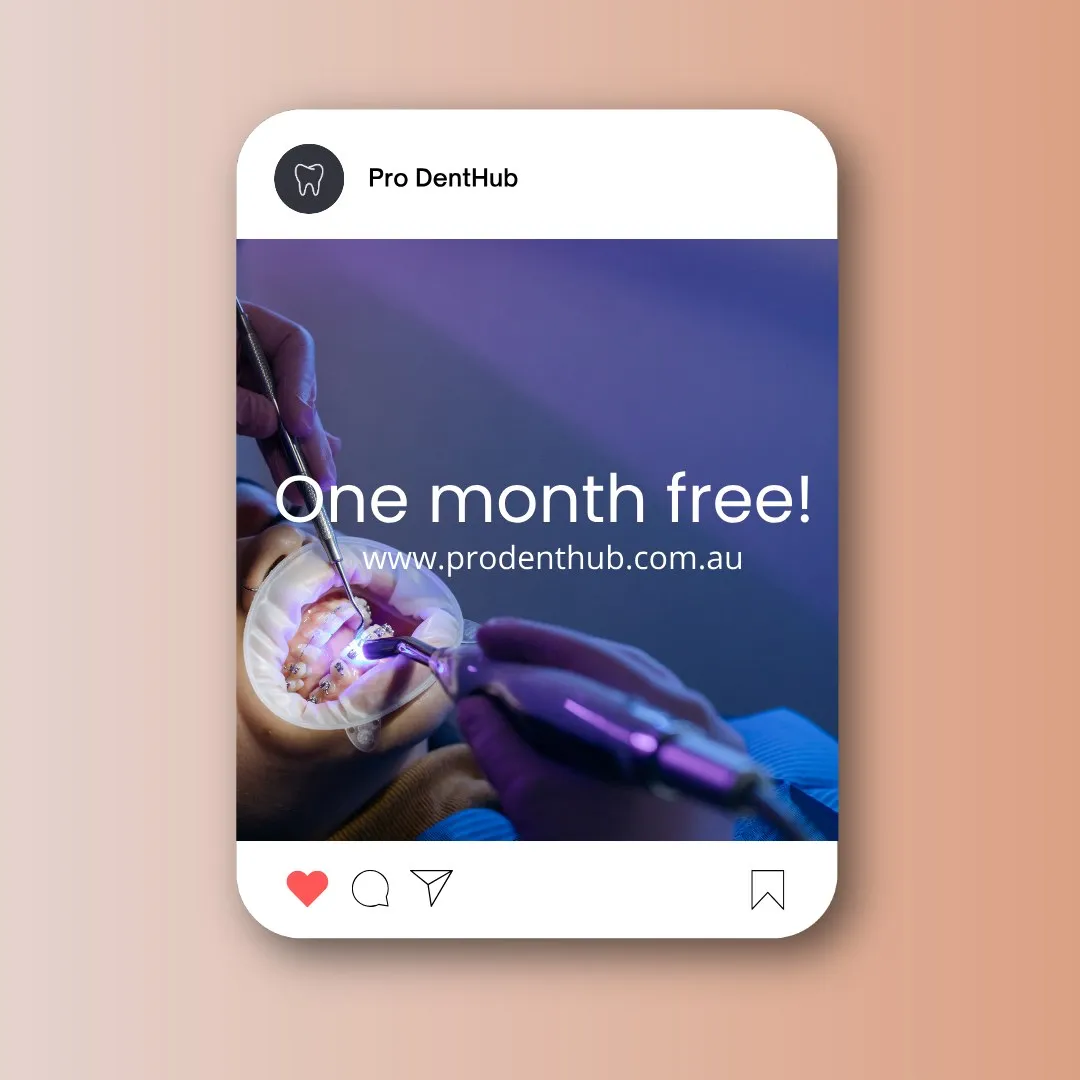 Instagram post mockup reading “One month free!” over a dental treatment photo
