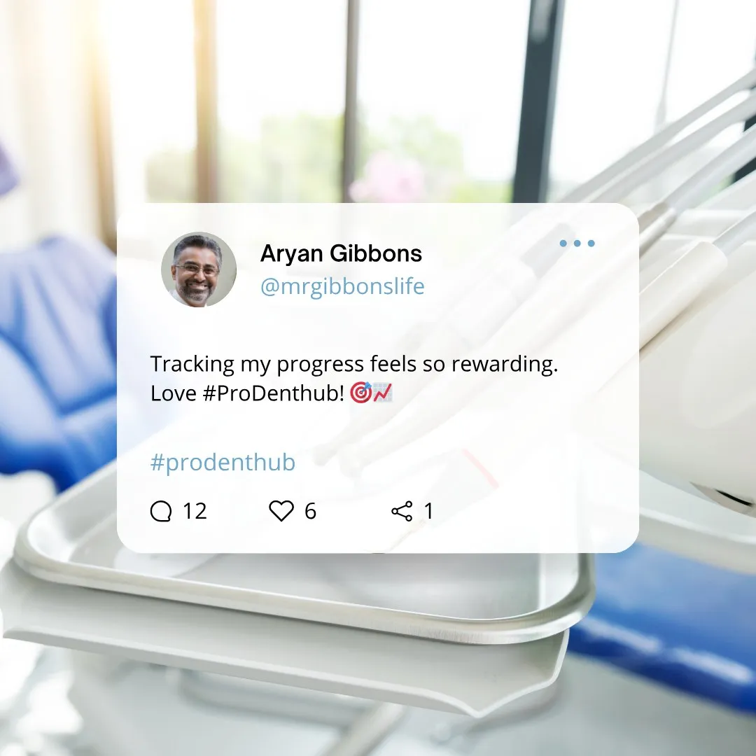 Social post styled as a comment about tracking study progress, over a dental tray photo