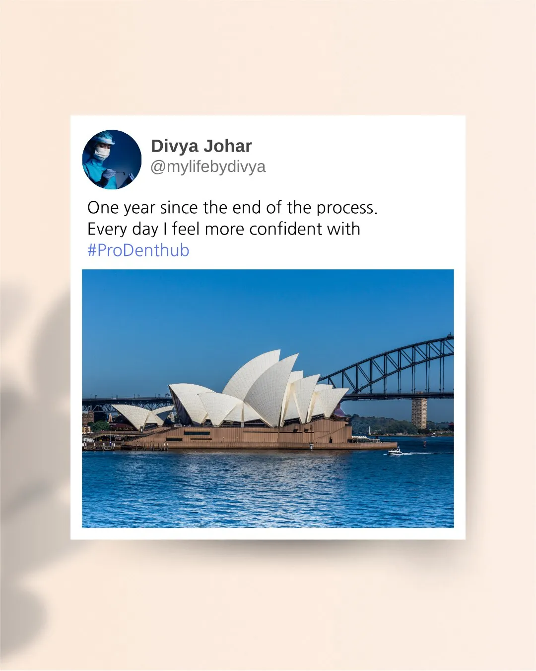 Testimonial post styled as a tweet, above a photo of the Sydney Opera House
